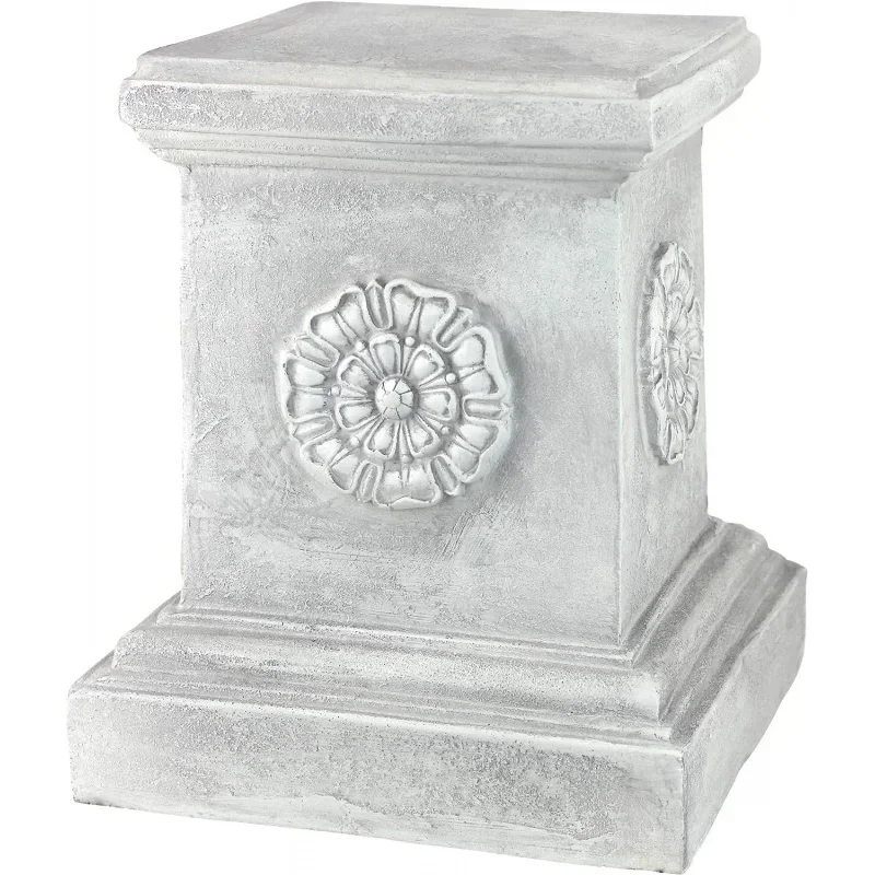 English Rosette Indoor/Sculptural Garden Plinth Base Statue Riser, 11 Inches Square, 13 Inches Tall, Handcast Polyresin