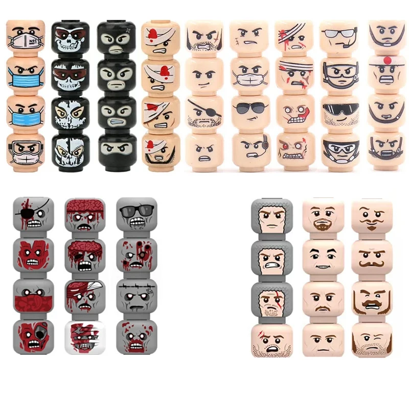 MOC Figures Accessories Head Building Blocks Soldier Injured Expression Doctor Zombie Hero Head Parts Mini Bricks Toys Kids Gift