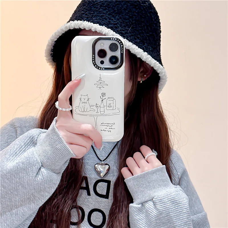 Warm And Fragrant Cartoon Line Illustration Cat Mobile Phone Case For IPhone 12 13 13ProMax 14 14Pro 14ProMax 15 15Pro 15ProMax