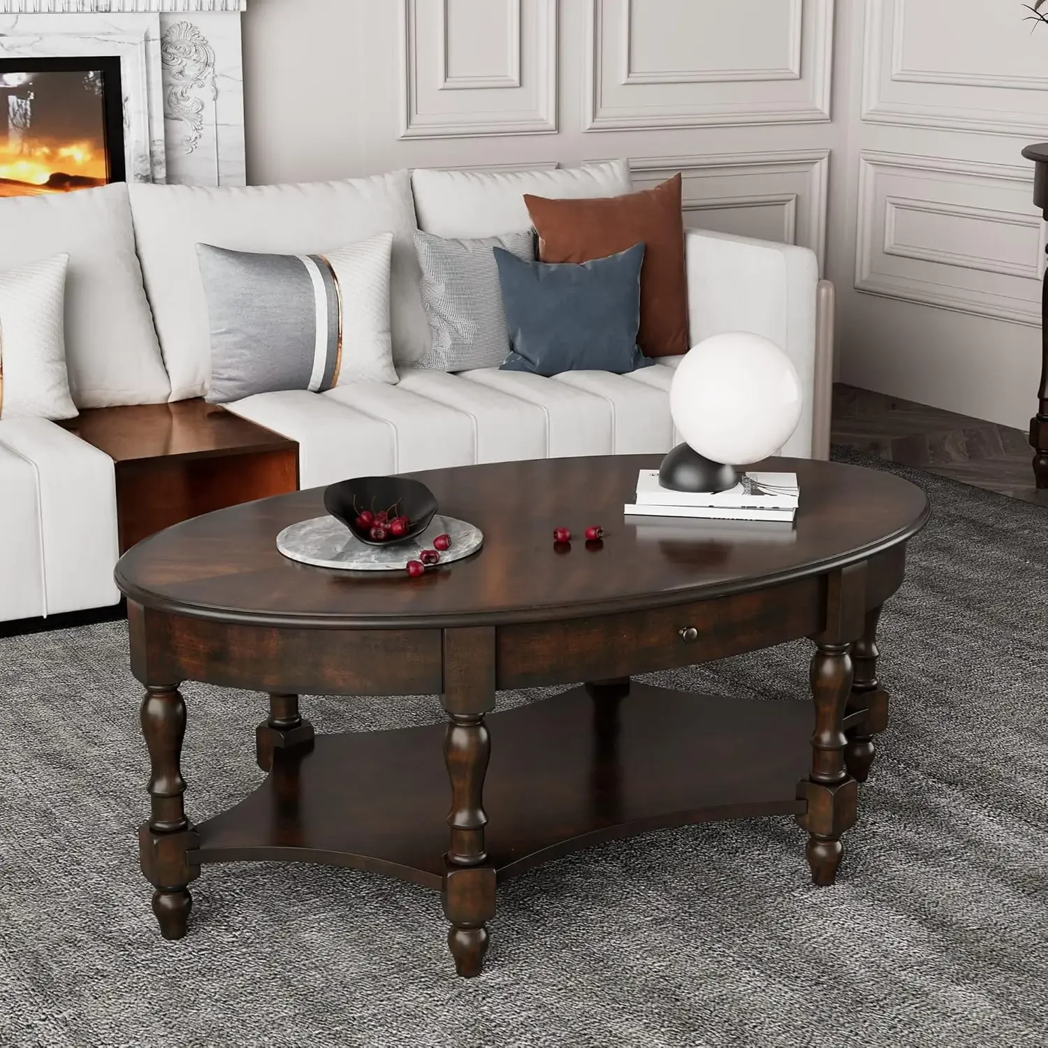 Oval Coffee Table for Living Room, 2-Tier Solid Wood Table with Storage Drawer, Victorian Antique Ellipse 45