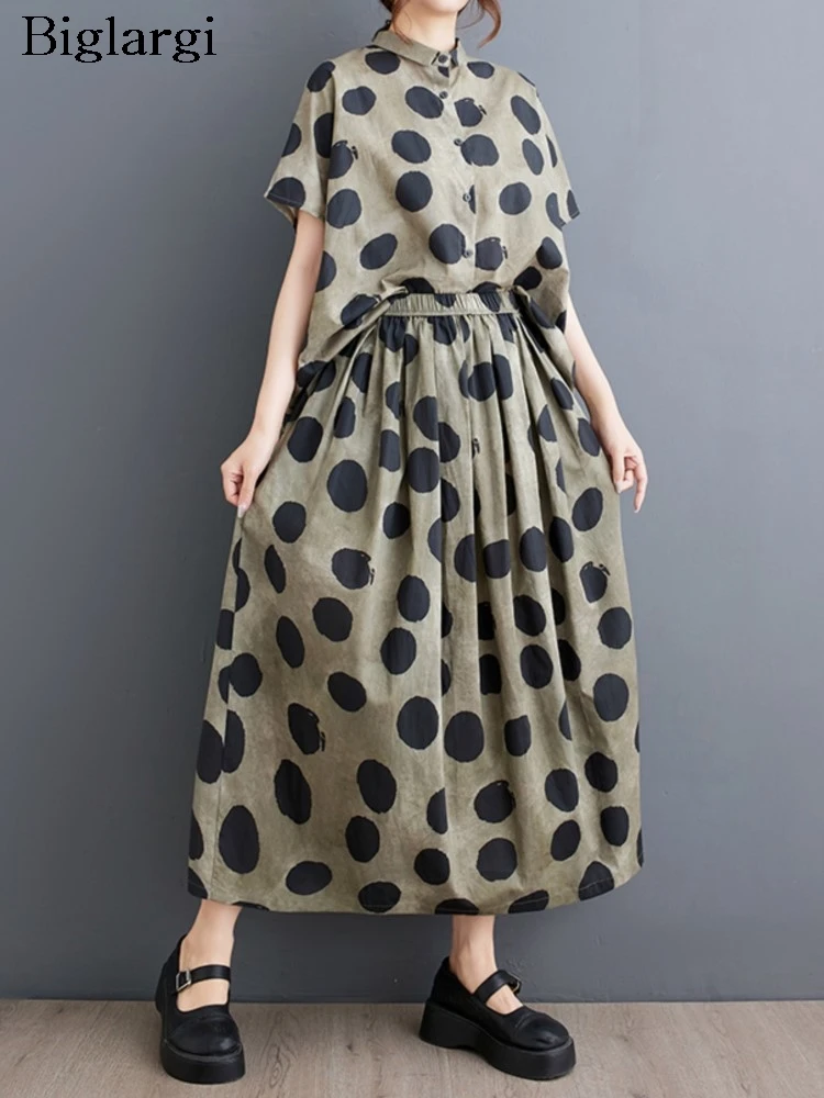 

Летний комплект из двух предметов большого размера в горошек, женская рубашка, повседневная модная женская блузка, свободная плиссированная женская юбка с рюшами