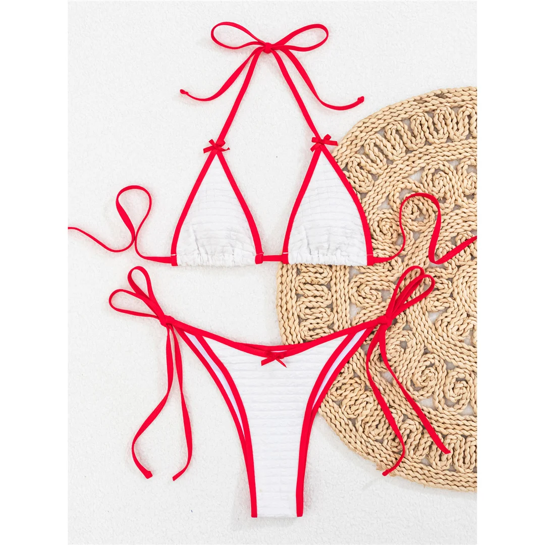 Sexy, geraffter Bikini mit Neckholder-Ausschnitt, Damen-Badebekleidung, zweiteiliges Bikini-Set, mit Trägern, gepolstert, Badeanzug, Badebekleidung, Modell V7610. – Detail 3