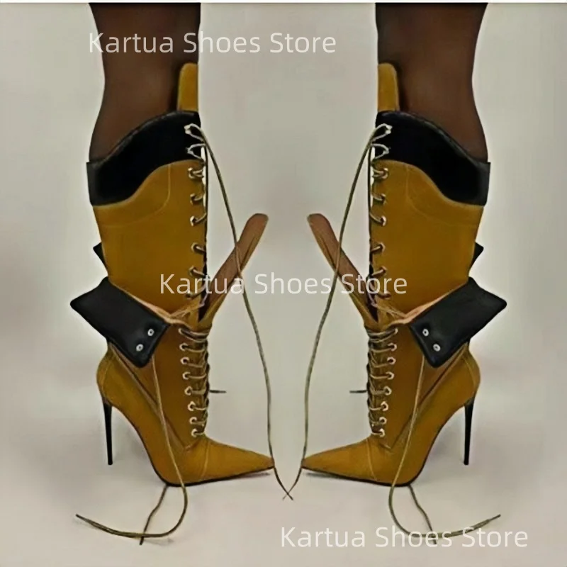 Women's High Heeled Knee High Boots Unique Multi Layered Lace Up Design Ladies Retro Punk Edgy Statement Parties Shows Booties.