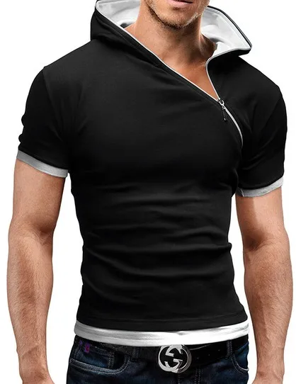 2023 New Men\'s Zipper Shirt Tops Tees Summer Cotton V Neck Short Sleeve T Shirt Men Fashion Hooded Slim T Shirts