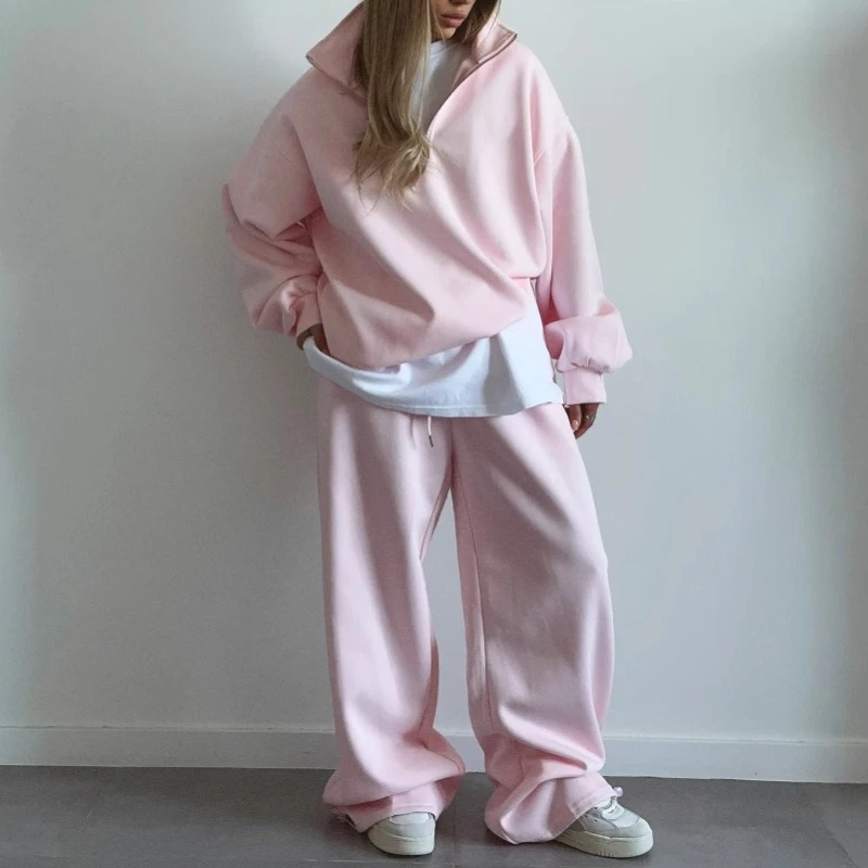 

Women'S 2 Two Piece Sets Sweatshirt Stand Collar Zipper Loose Tops Straight Pants Sweatpants Pink Suits Sporty Casual Oversize