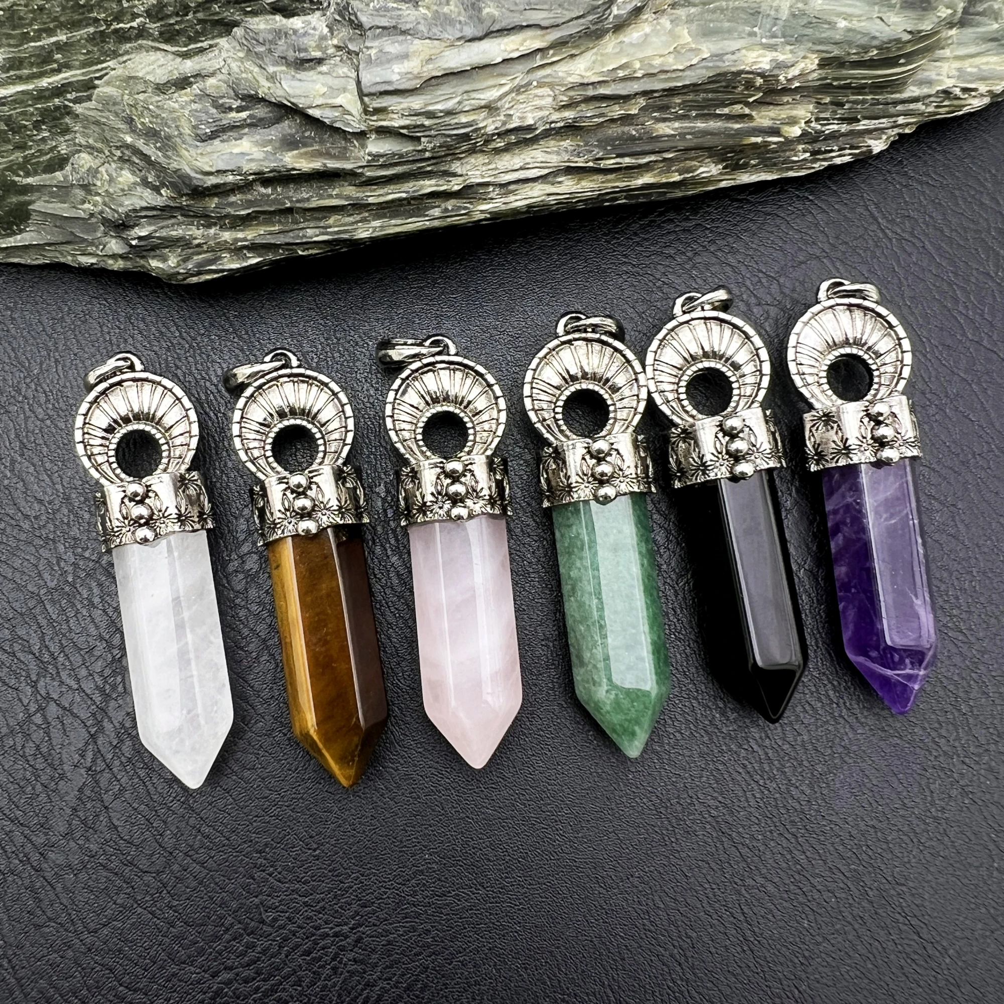 10PCS Natural Gems Tiger Eye Stone Crystal Amethysts Obsidian Vintage Moon Hexagonal Necklace Pendant MY240520