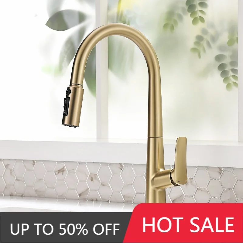 

Brushed Gold Pull Out Kitchen Faucet Brass Black Sink Faucet White Brass Sink Tap Rotating Spout Mixers Tap Hot Cold Kitchen Tap