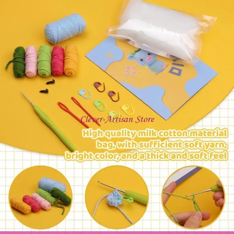 E06B 2Sets Non Finished Manual Crochet Material Bag Kits Cow Woven DIY Hand Knitting Yarn Set Animal Sewing for Beginner