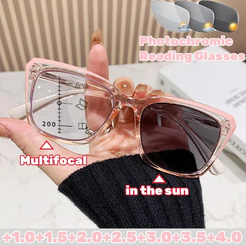 Gafas de lectura multifocales fotocromáticas con montura transparente para mujeres y hombres, gafas de presbicia con luz azul progresiva a la moda