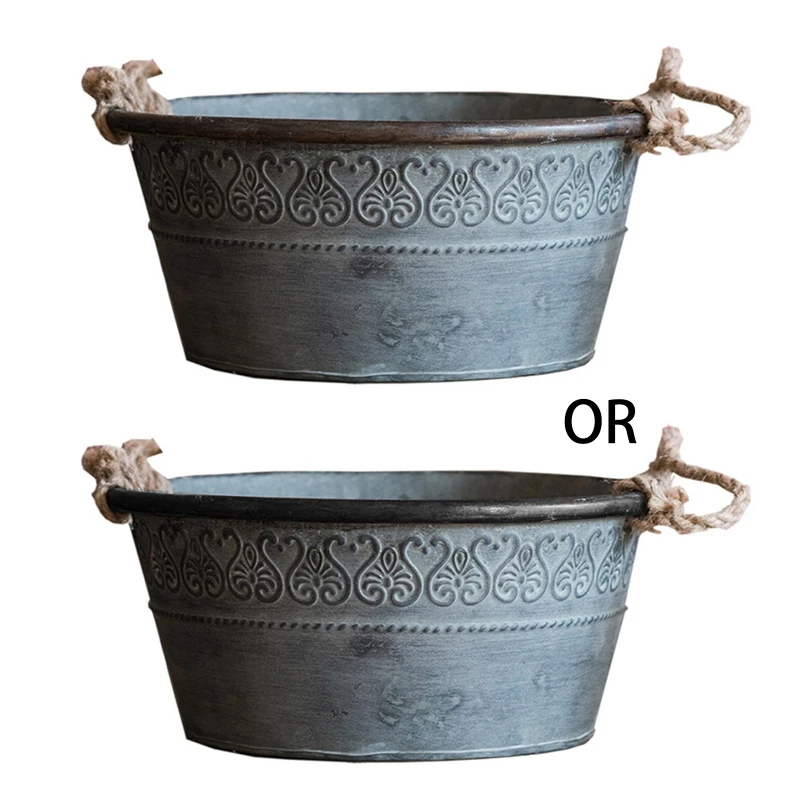 

Vintage Metal Round Bucket Planter with Double Handles Rustic Iron Flower Pot Metal Tray for Storage and Farmhouse Decor