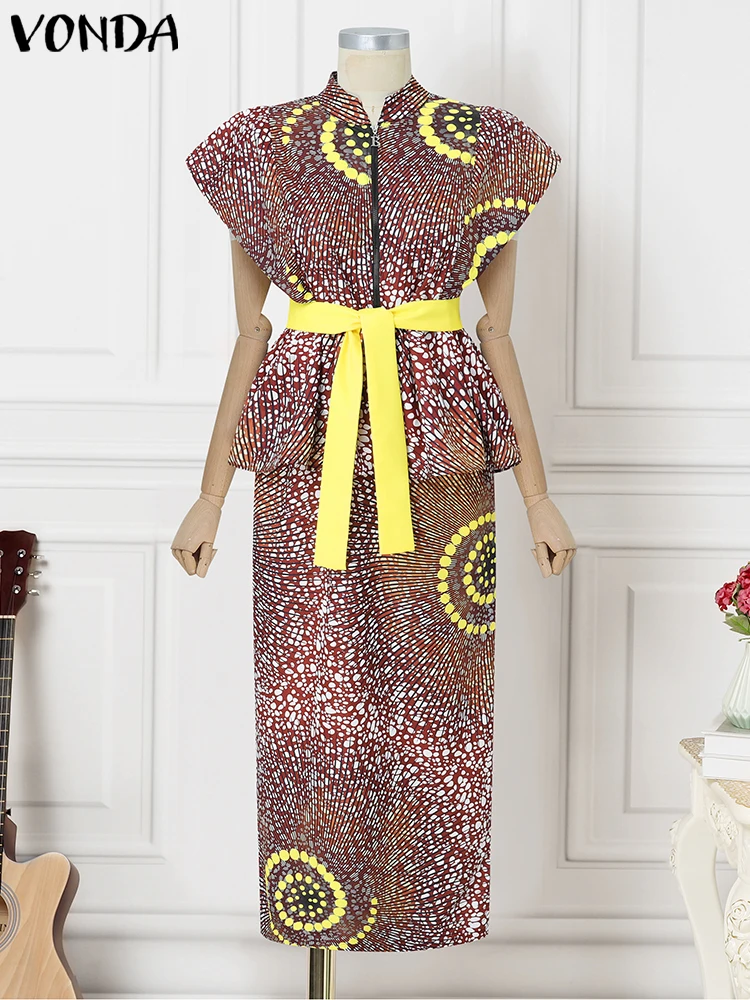 Damskie komplety sukienek VONDA Plus Size 5XL w stylu boho z nadrukiem, letnie koszule z krótkim rękawem zapinane na zamek, vintage, z paskiem i długie spódnice, 2-częściowe zestawy.