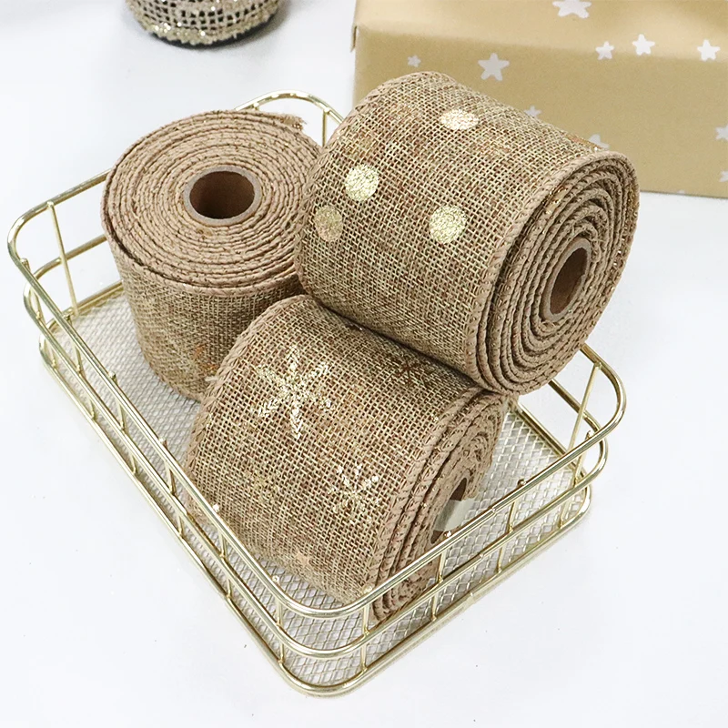 2-1/2\'\' 63mm Wired Edge Burlap Jute Golden Glitter Ribbon For Wedding Christmas Homemade DIY Decoration Gift Packaging