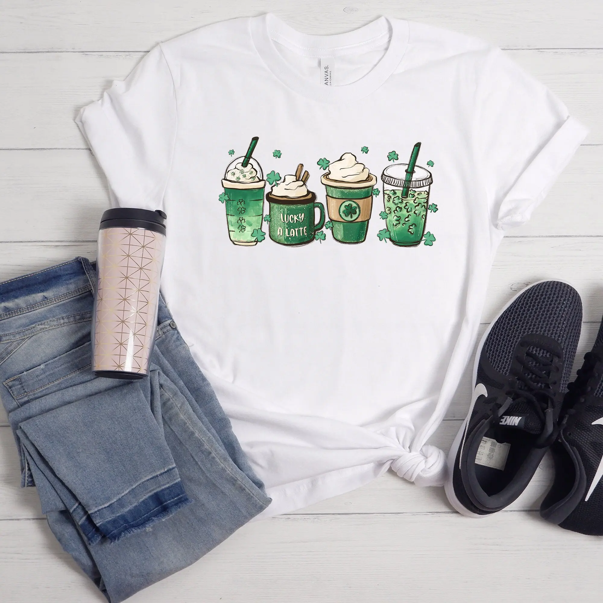 Coffee St Patricks Day T Shirt Womens Cute Patty's Lucky Latte Green Irish Shamrock Clover Women