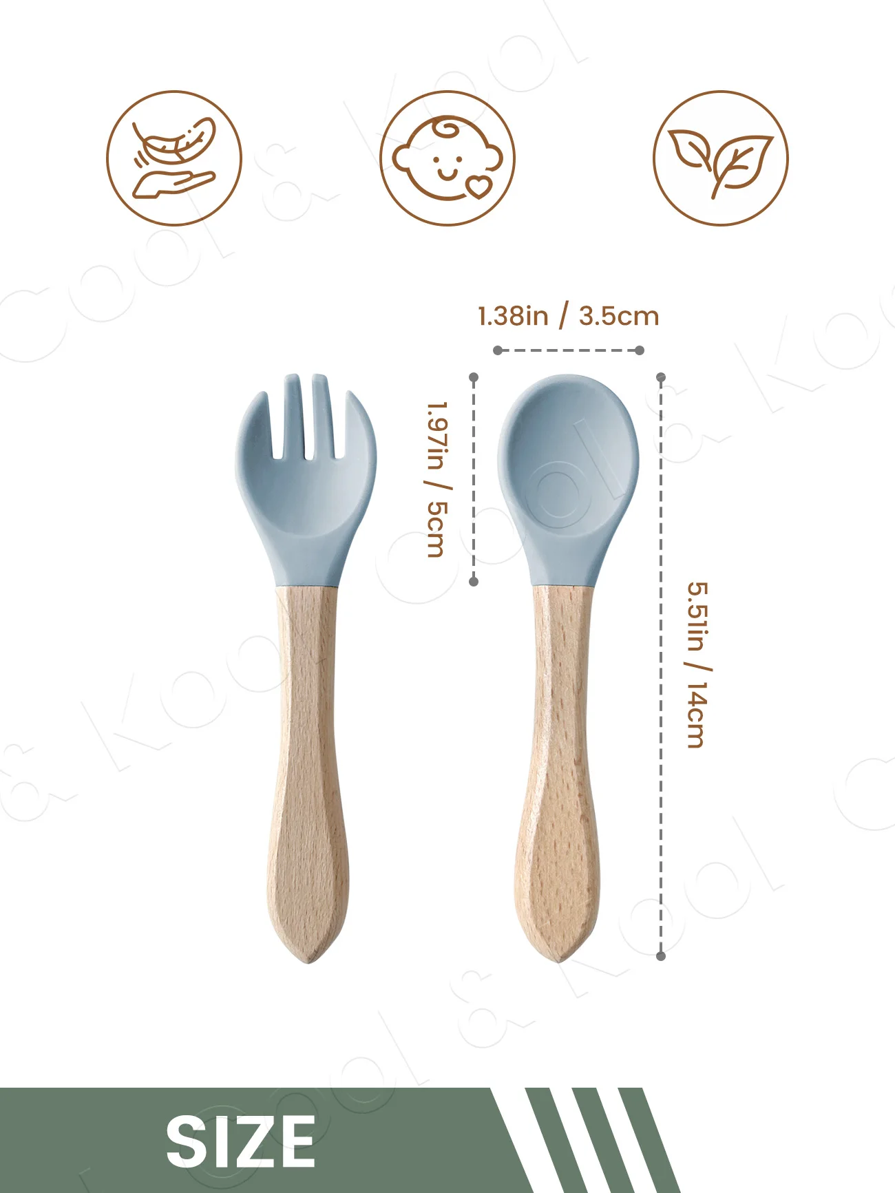 2PCS Baby Learning Spoons Utensils Set, Food Grade Wooden Handle Silicone Spoon & Fork, Training Cutlery for Feeding Tableware