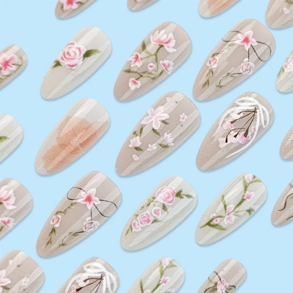 24pcs Summer Romantic Flower Press on Nails Hand drawn Bow Fake Nail Patch Wearable Sweet Simple Korean False Nails Tips