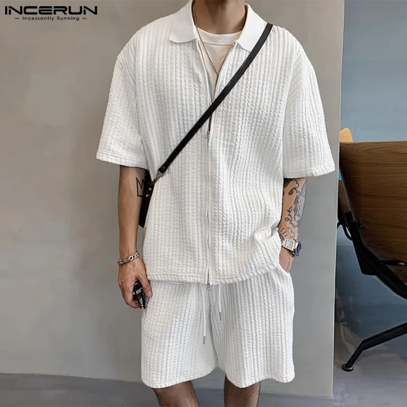 

INCERUN 2024 Korean Style Handsome Men's Sets Textured Short Sleeved Shirts Shorts Casual Streetwear Solid Two-piece Sets S-5XL