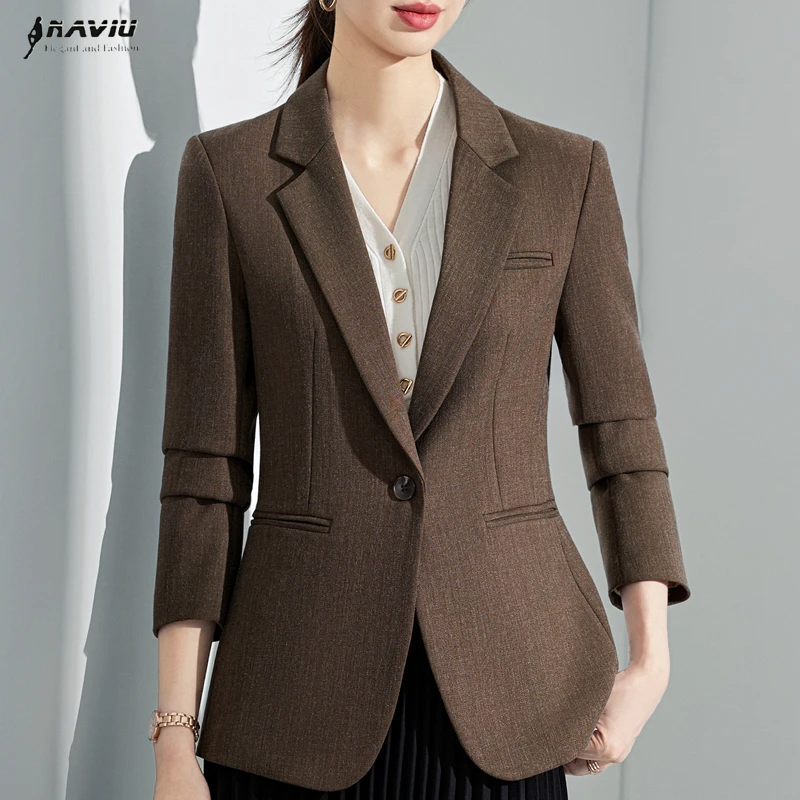 

NAVIU Elegant Women Blazer New Autumn Winter Temperament Casual Long Sleeve Single Button Jacket Office Ladies Work Coat