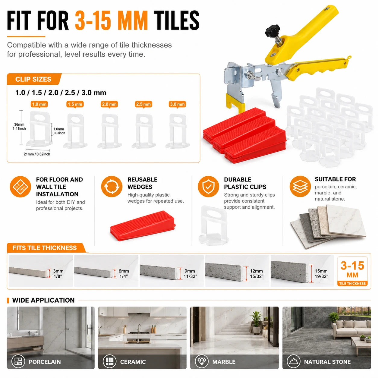 

Tile Leveling System Clips Kit for Wall & Floor Ceramic Spacers Plier Wadge for Tile Laying Construction Tools in1/1.5/2/2.5/3mm