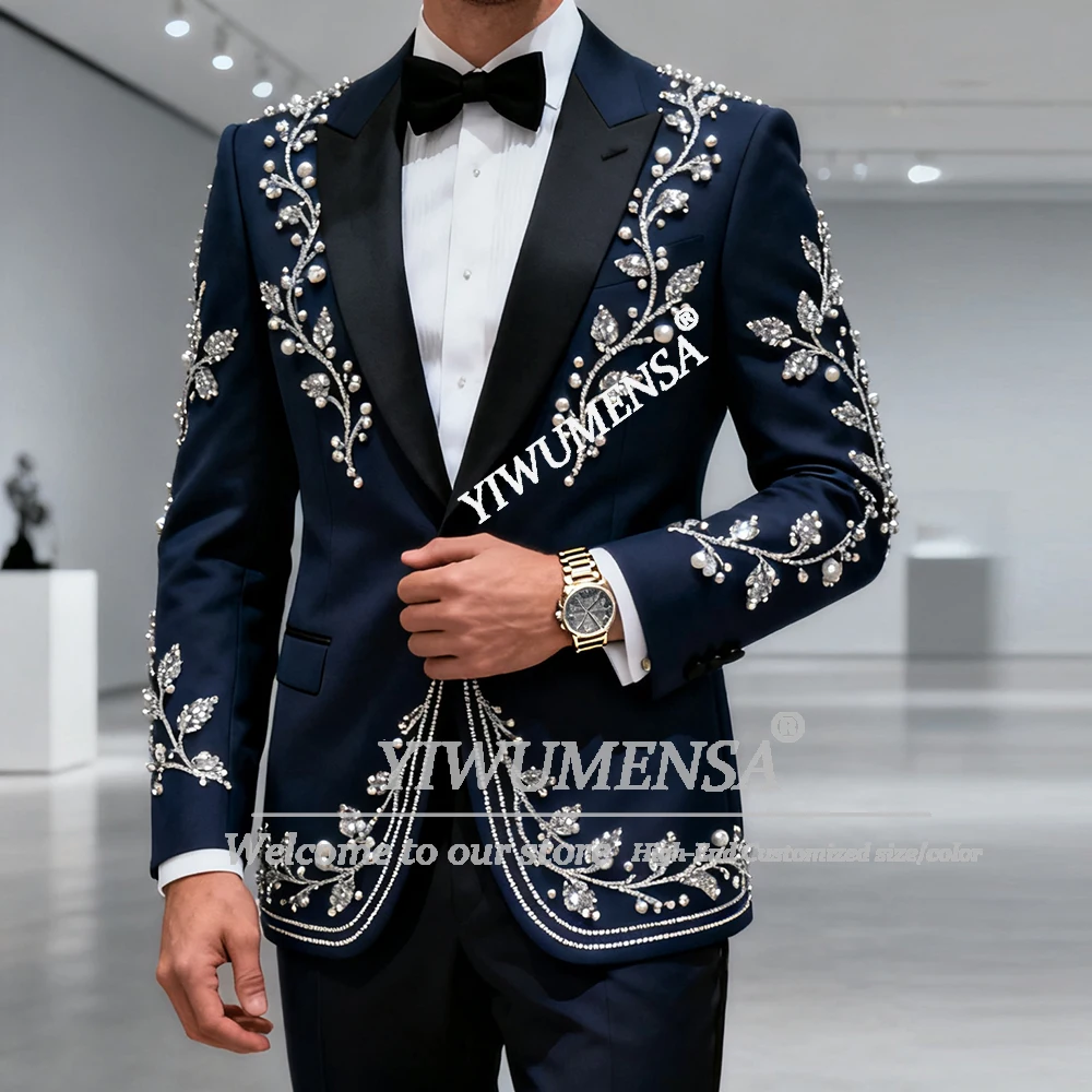 

Glittering Rhinestones Beaded Suit Men For Wedding Notched Lapel Prom Blazers Customized 2 Piece Single Breasted Jacket Pants