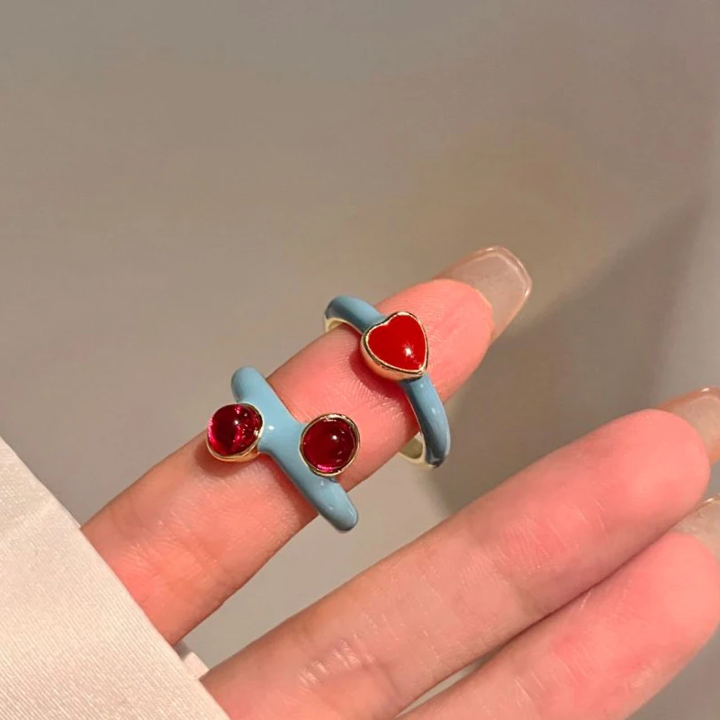 Fashion Delicate Red Blue Heart Contrasting Colors Enamel Rings Personality Plain Ring For Women Girls Jewelry Accessories Gifts