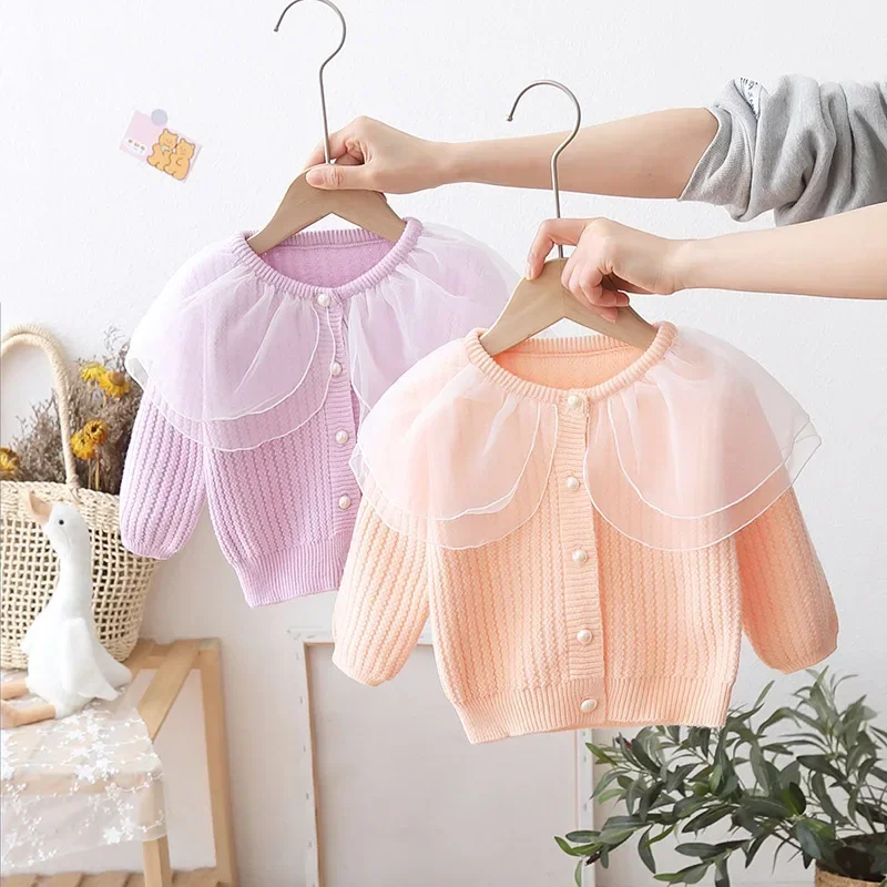 

2023 Spring Autumn Girls Sweaters Lace Mesh Girls Sweater 1-6 Years Knit cardigan Children Clothing Sweet Baby Girl Coat GY06281