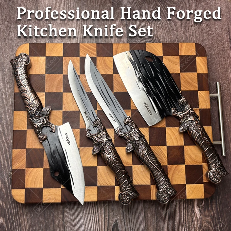 WXCOO 1-4PCS Hand-Forged Butcher Knife Set Meat Cutting Vegetable Slicing Knife Stainless Steel Chef Kitchen Knife with Box