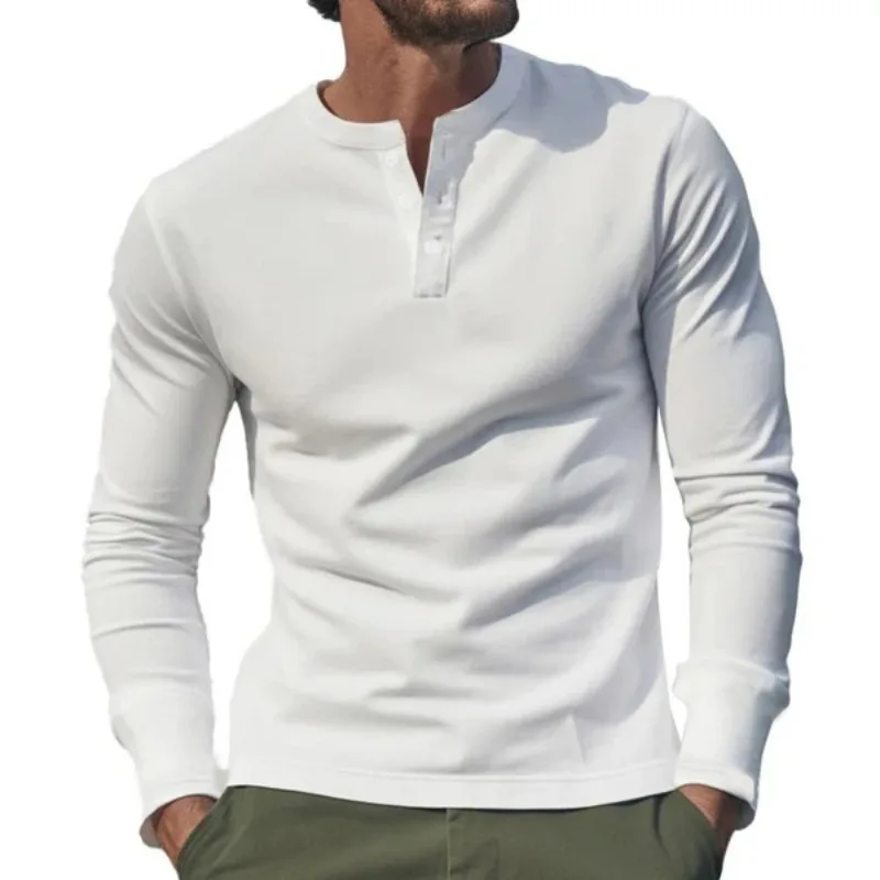 Spring and Autumn New Men's Twill Henry Neck Fashion Long Sleeved T-shirt Foreign Trade Combination Casual Bottom Shirt T-shirt