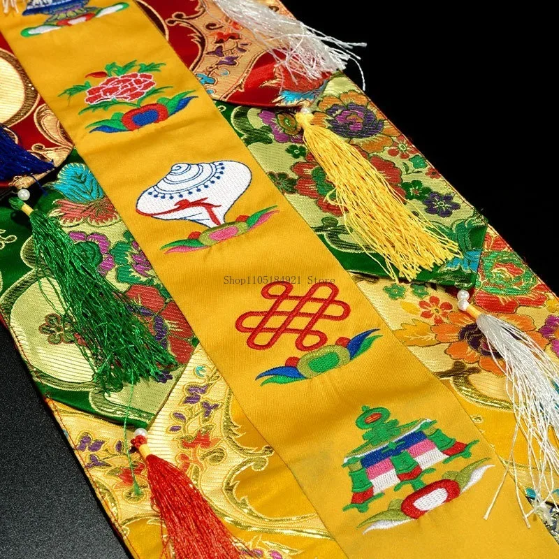 135CM Tibetan Village Auspicious Eight Treasures Tambourine Banner Home Temple Buddhist Hall Couplet Hanging Banner Decoration