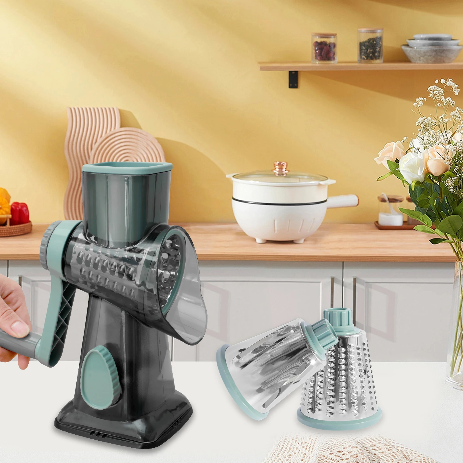 Cheese Grater Hand Crank Potato Slicer Veggie Fruit Shredder Rotary Cheese Shredder Kitchen Gadget Shredder Slicer with 3 Blade