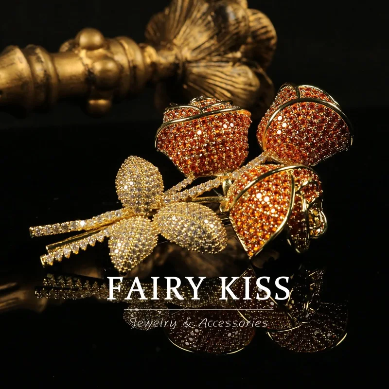 exquisite real gold-plated copper  brooch three-dimensional flower design rose corsage diamonds versatile accessories
