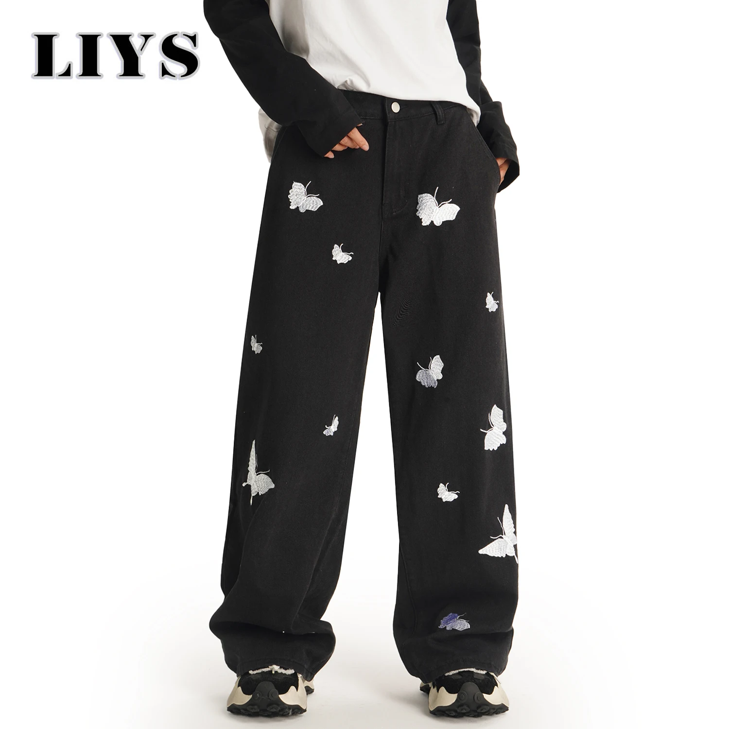 الكورية السوداء عارضة Y2K فضفاض واسعة الساق الرجال الجينز الأمريكية الرجعية فراشة التطريز فضفاض المتخصصة تصميم للجنسين الدنيم السراويل