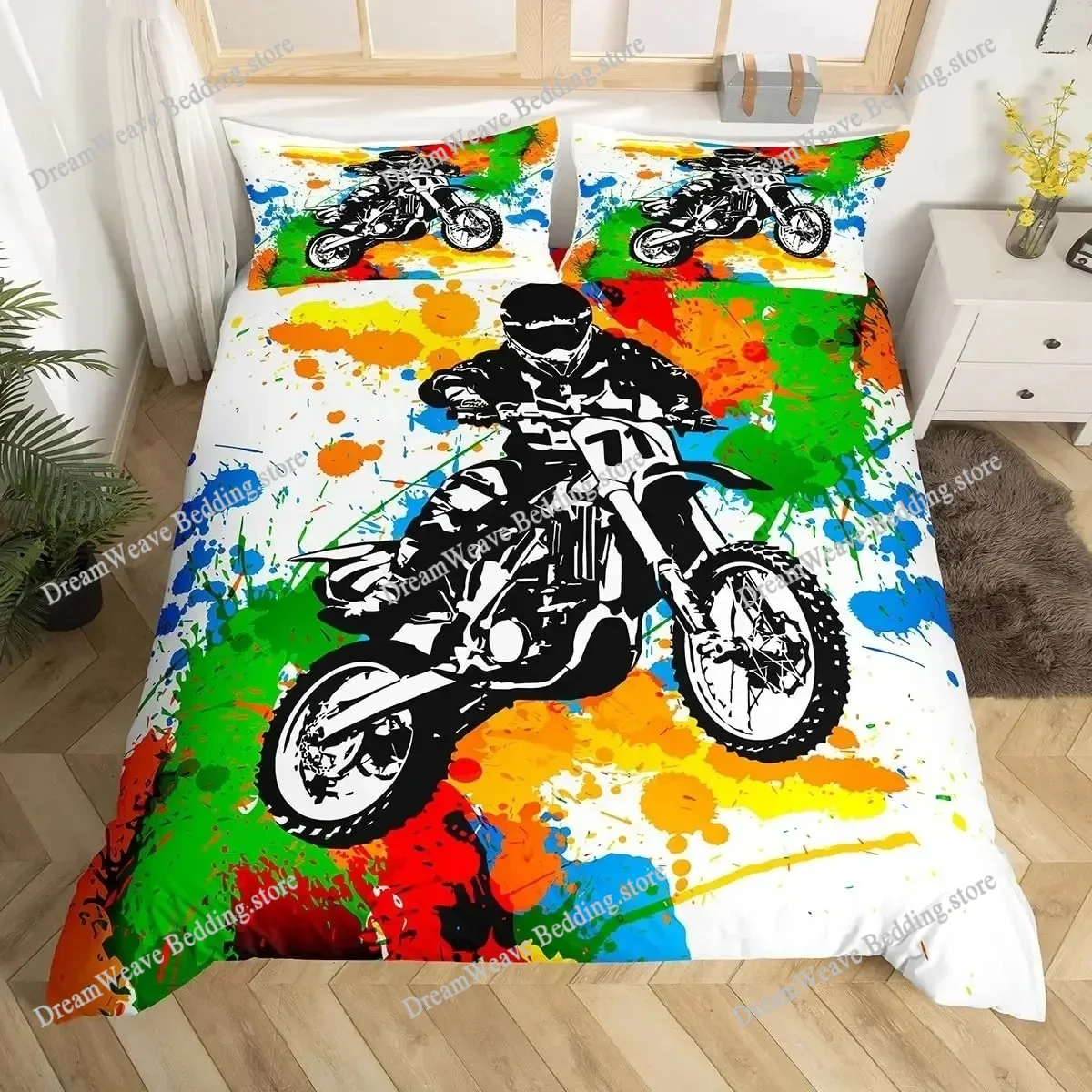 

Motocross Bedding Set Full Motorcycle Racer Comforter Cover Extreme Sport Duvet Cover Dirt Bike Motor Vehicles Biker Quilt Cover