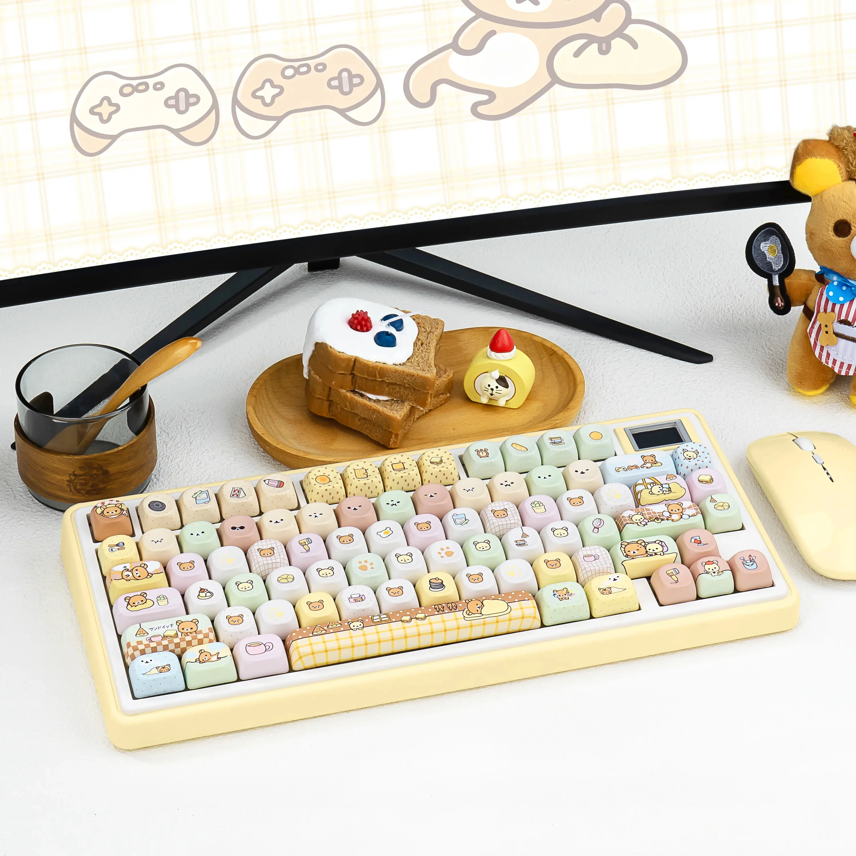 Cute Rilakkuma Themed Keycaps MOA Profile PBT Dye-Sub Spherical Custom Keycap Set for MX Switch Mechanical Keyboards Girls Gifts