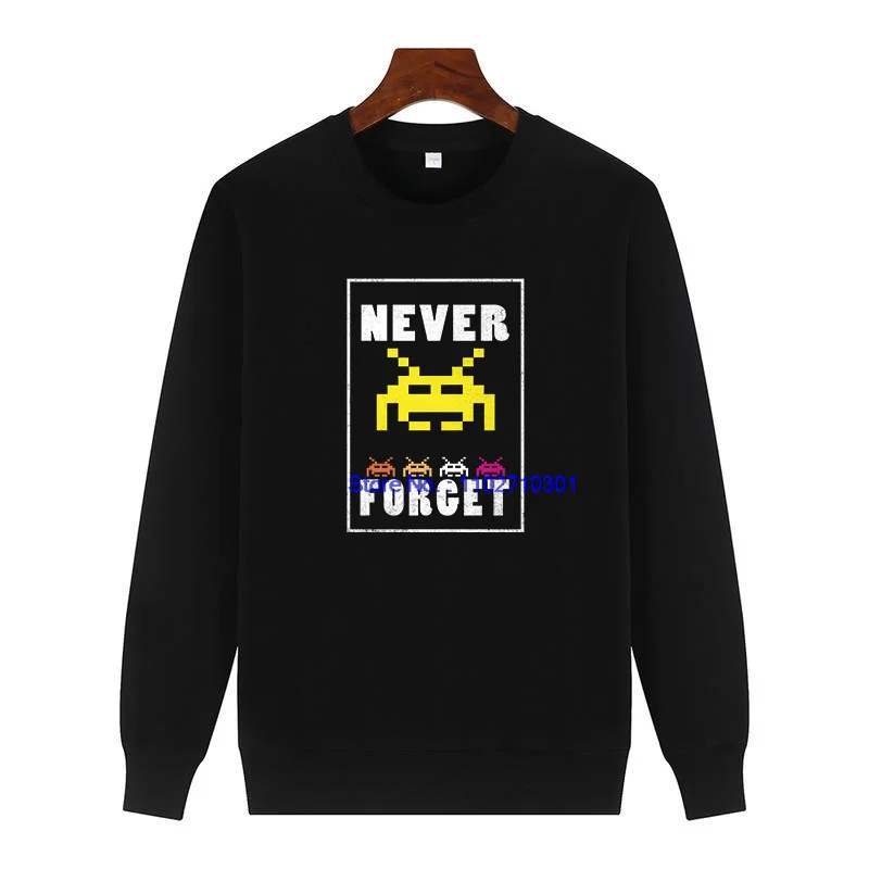 Men's Vintage 80s Space Invaders Gaming Console Aliens Print Crew Neck Fleece Pullover Sweater Classic Video Game Fashion