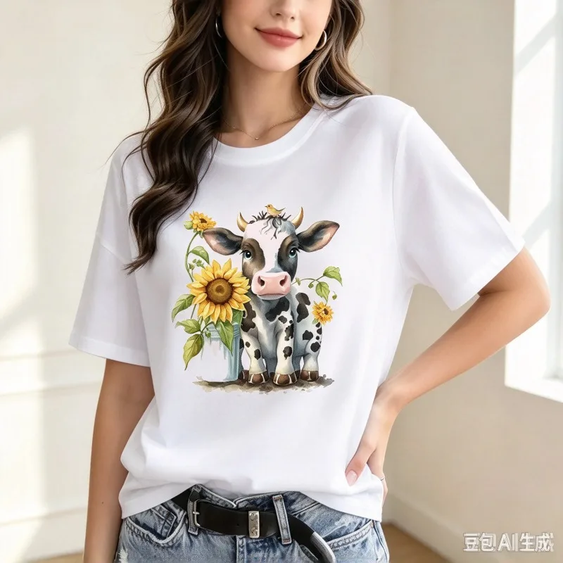 Women Cow Graphic T-Shirt Sunflower Bird Flower Print Top Modal Casual Farm Country Gift Daily Shirt Rural Style Farm Life