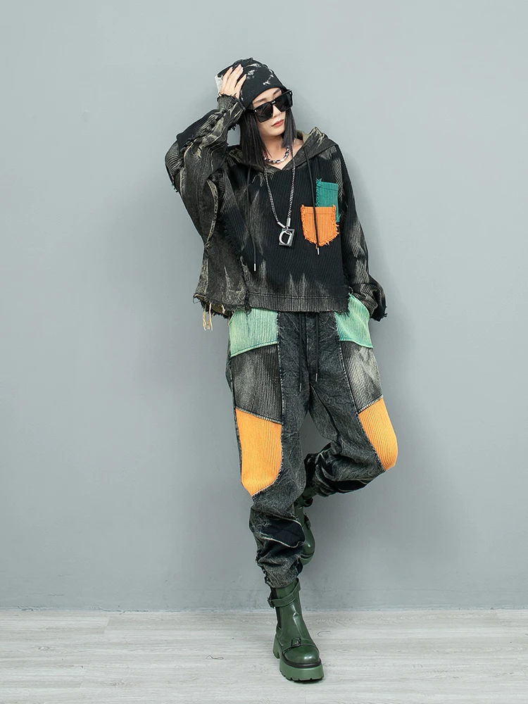 Trendy Denim Splicing Color Contrasting Fashion Pant Set Women 2024 Autumn Hooded Long Sleeve Top + Harem Pant LX2387