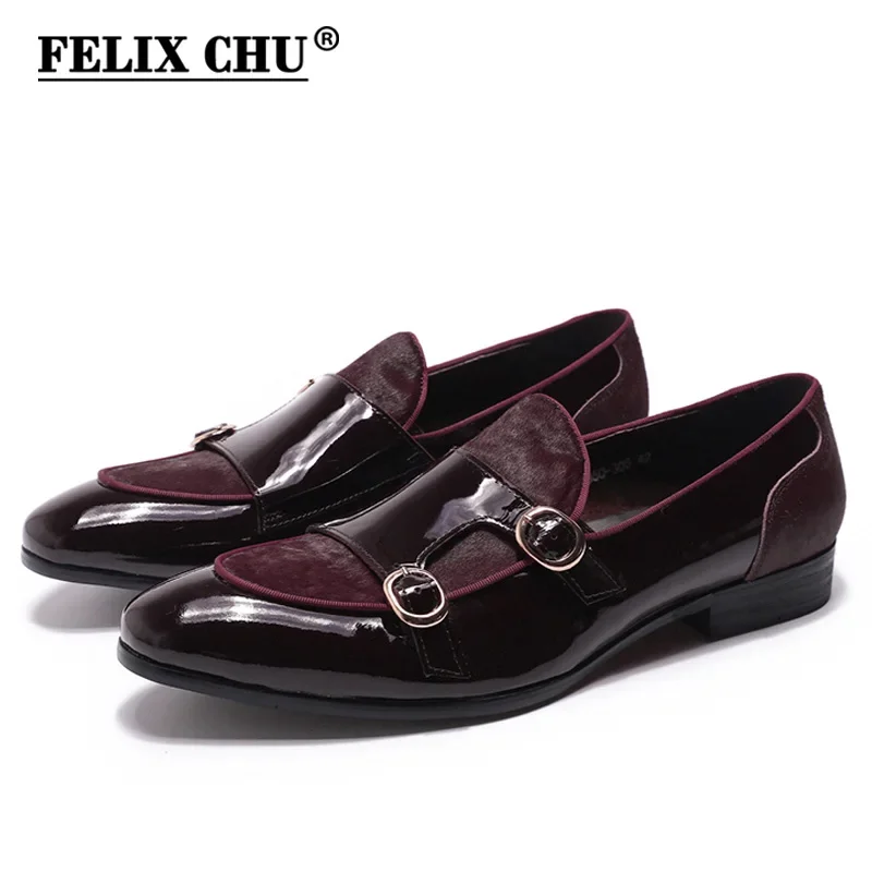 FELIX CHU Men's Patent Leather Monk Strap Dress Shoes Wedding Loafers Horse Hair Detail Casual Formal Party Gentlemen Footwear