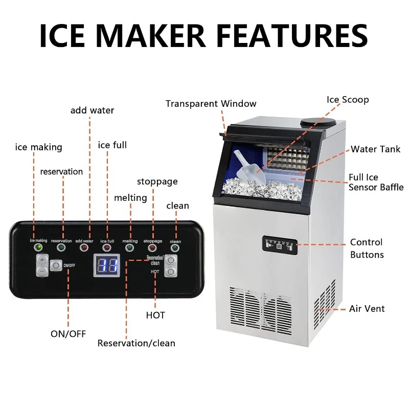 110LBS/24H Commercial Ice Maker Machine with 2 Water Inlets,   Ice Scoop & Water Filter for Home Office Restaurant Bar Cafe