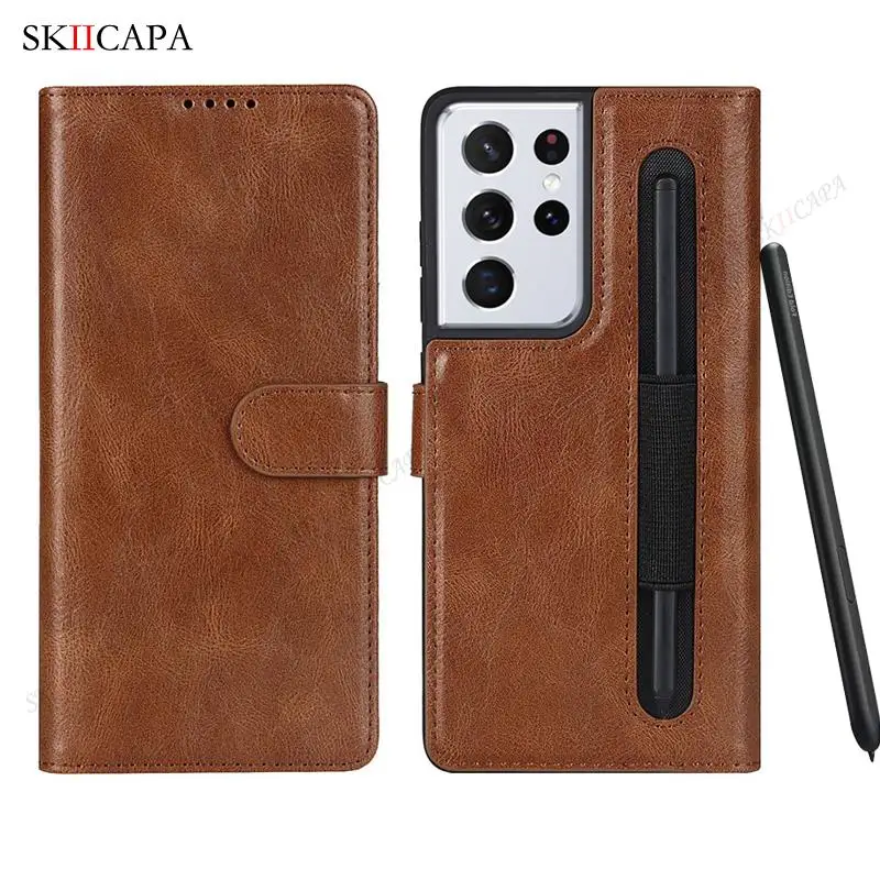 Stylus S-Pen Socket Slot Leather Flip Phone Case For Samsung Galaxy S21 Ultra G9980 G998D G998U Wallet Card Holder Phone Cover