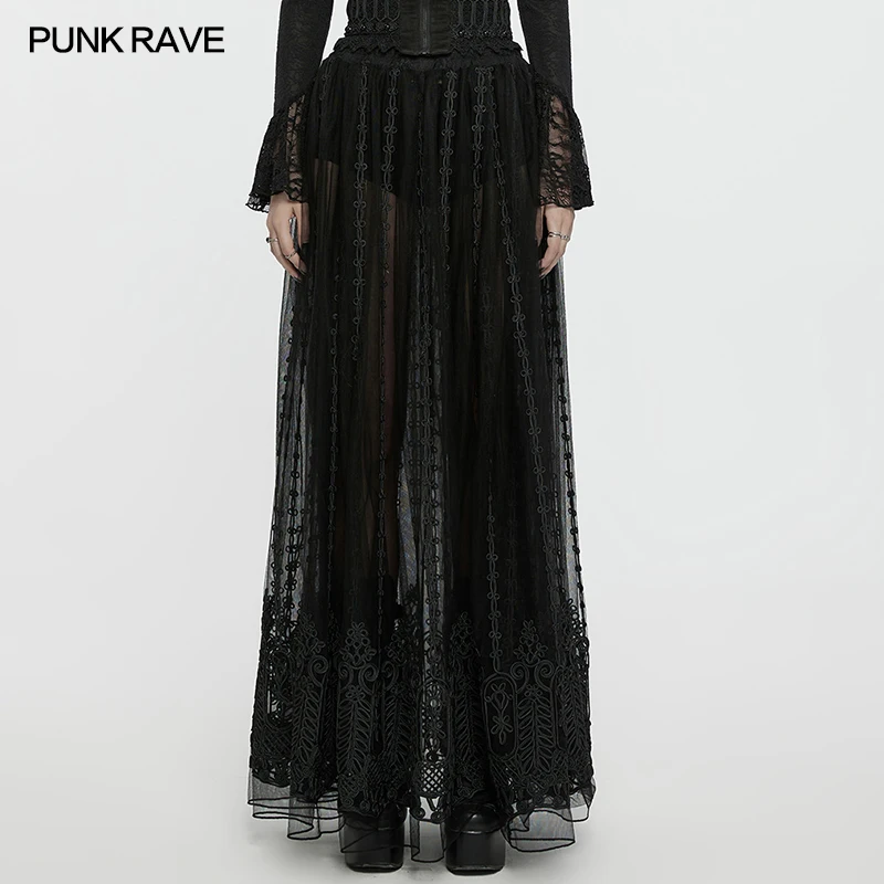 PUNK RAVE Women's Gothic Dark Color 3D Floral Mesh Embroidered Skirt Nobility Mystery Draped Fluffy Long Skirt Women