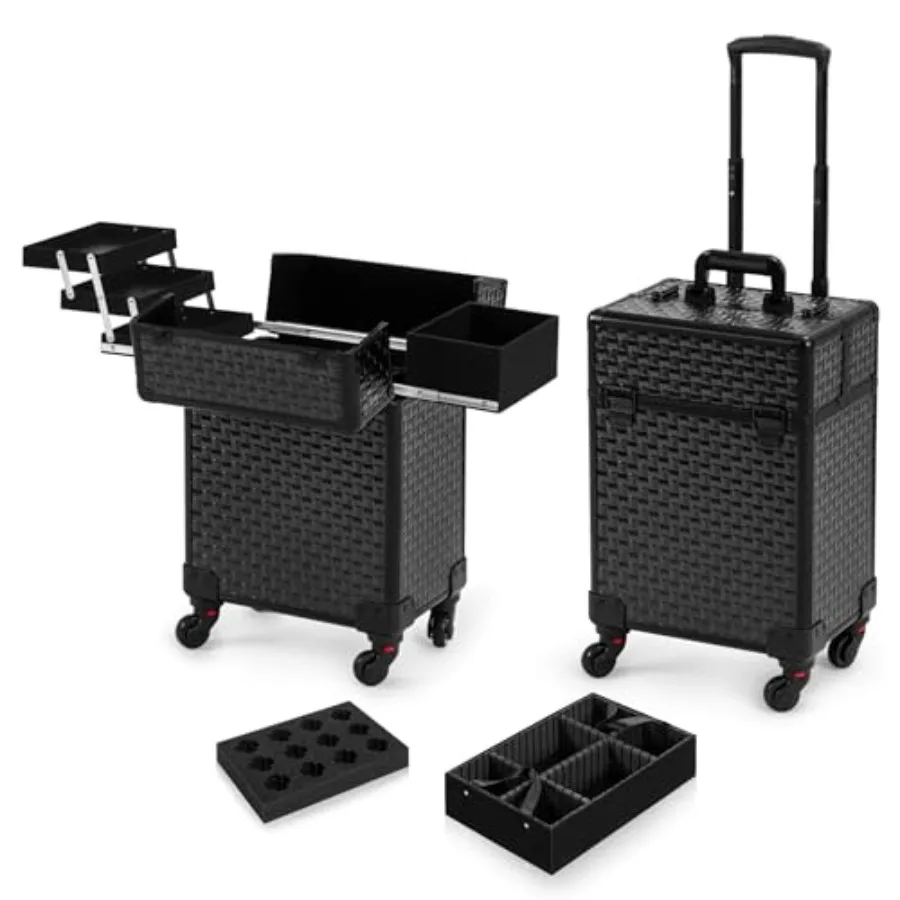

Rolling Makeup Train Case, Large Storage Cosmetic Trolley with 4 Aluminum Trays, 360 Swivel Wheels, Keys, Traveling Cart Trunk