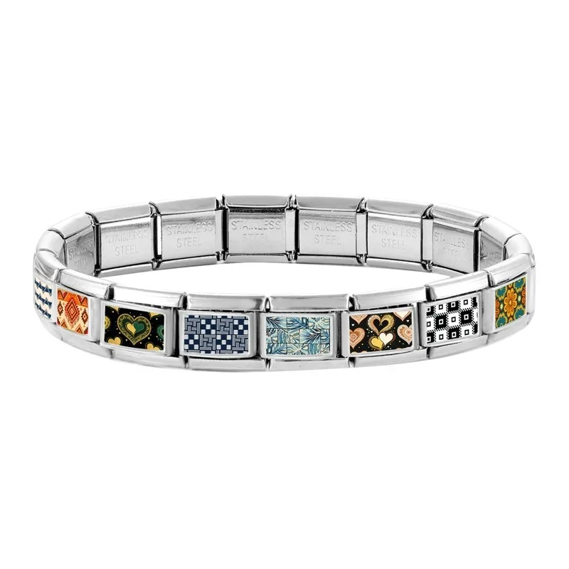 Fashion Black Checkered Pattern Colorful Heart Flower Stainless Steel Italian Link Fit 9mm Bracelet Making DIY Jewelry Wholesale