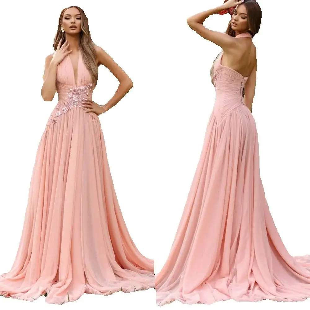 

Индивидуальные высококачественные шифоновые плиссированные платья трапециевидной формы с лямкой на шее, длинные платья на заказ, блестящие формальные платья