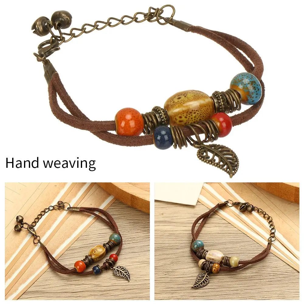 Hand-woven Cowhide Rope Bracelet Ceramic Bead Bohemian Bracelet Birthday Gift Accessories Creative Popular Gift Jewelry