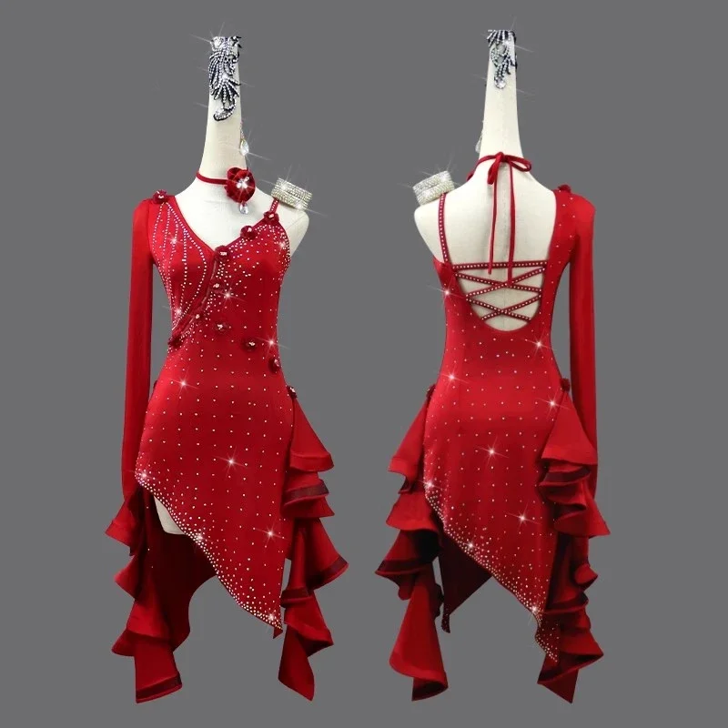 Vestido de dança latina profissional para mulheres, saia vermelha para senhoras, salão de festas, roupas práticas, esportes, roupas femininas, novo