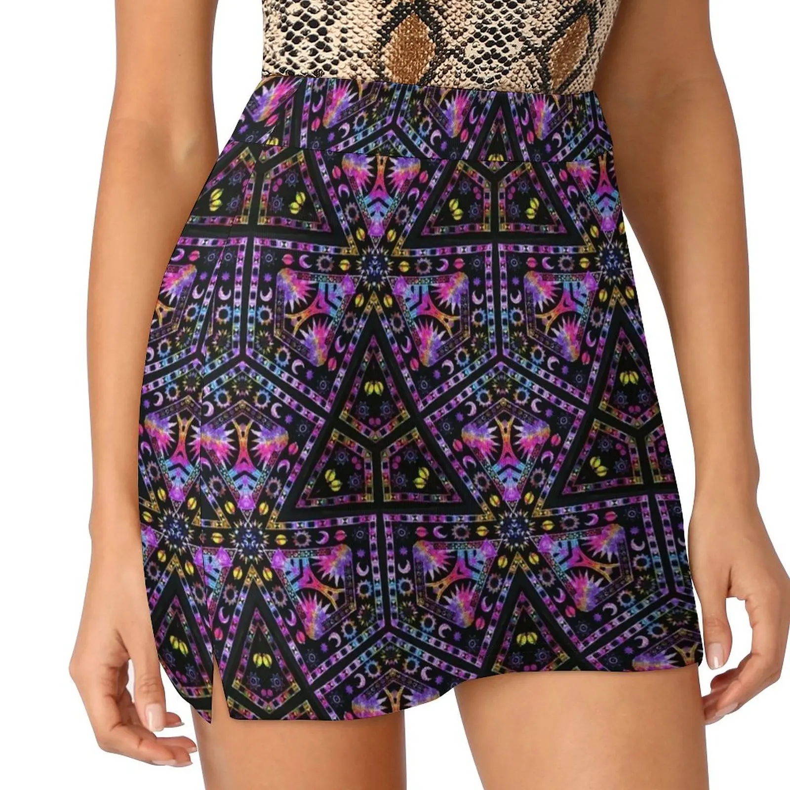 Boho Pink And Purple Sierpinski Triangle On Black Mini Skirt luxury women skirts extreme mini dress