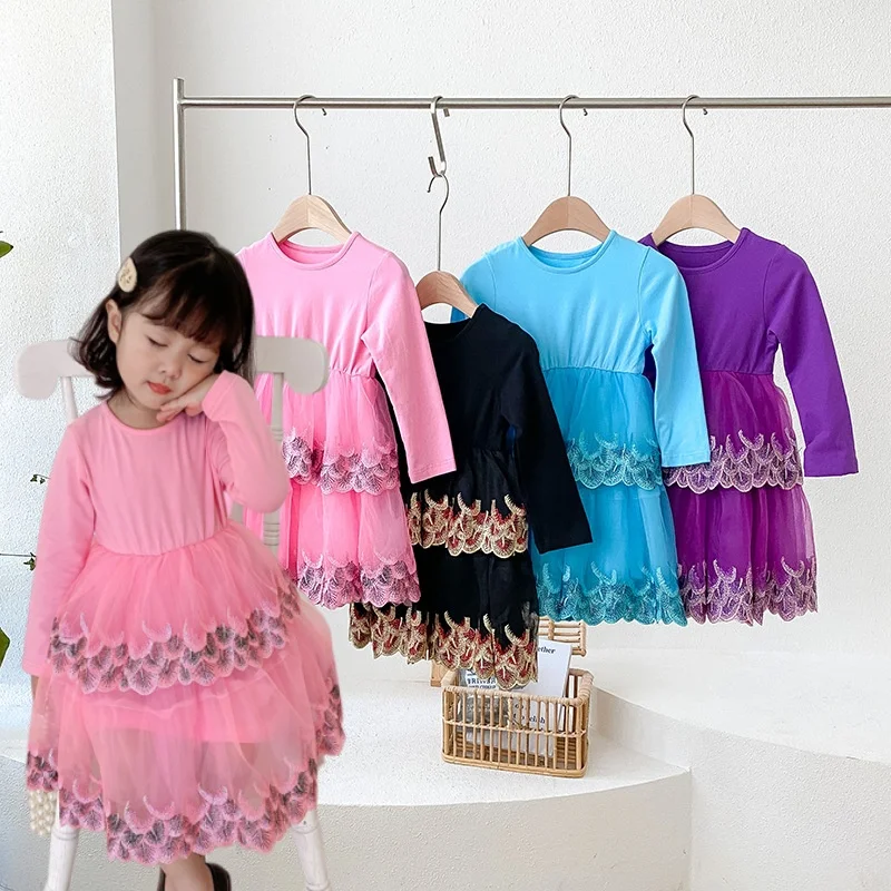 

2025 Baby Girl Clothes Long Sleeve Dress 1-6Y Kids Casual 3D Feather Embroidery Tulle Cake Party Princess Dress Multiple Colors