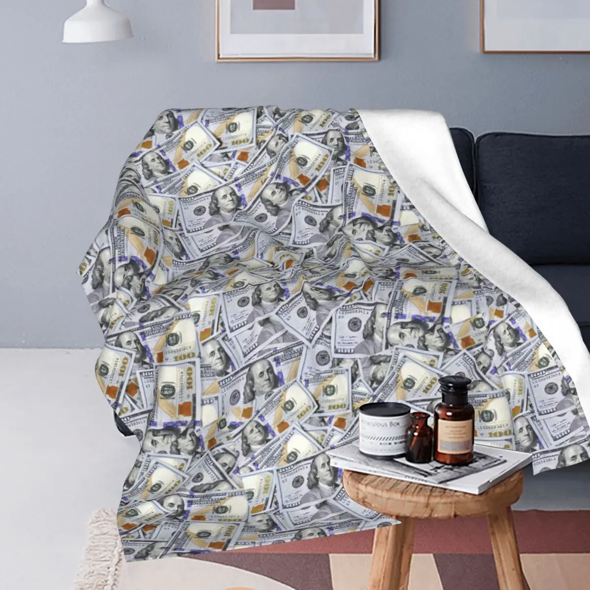 Giant Money Background 100 Dollar Bills Blankets Soft Warm Flannel Throw Blanket Plush for Bed Travel Home Sofa