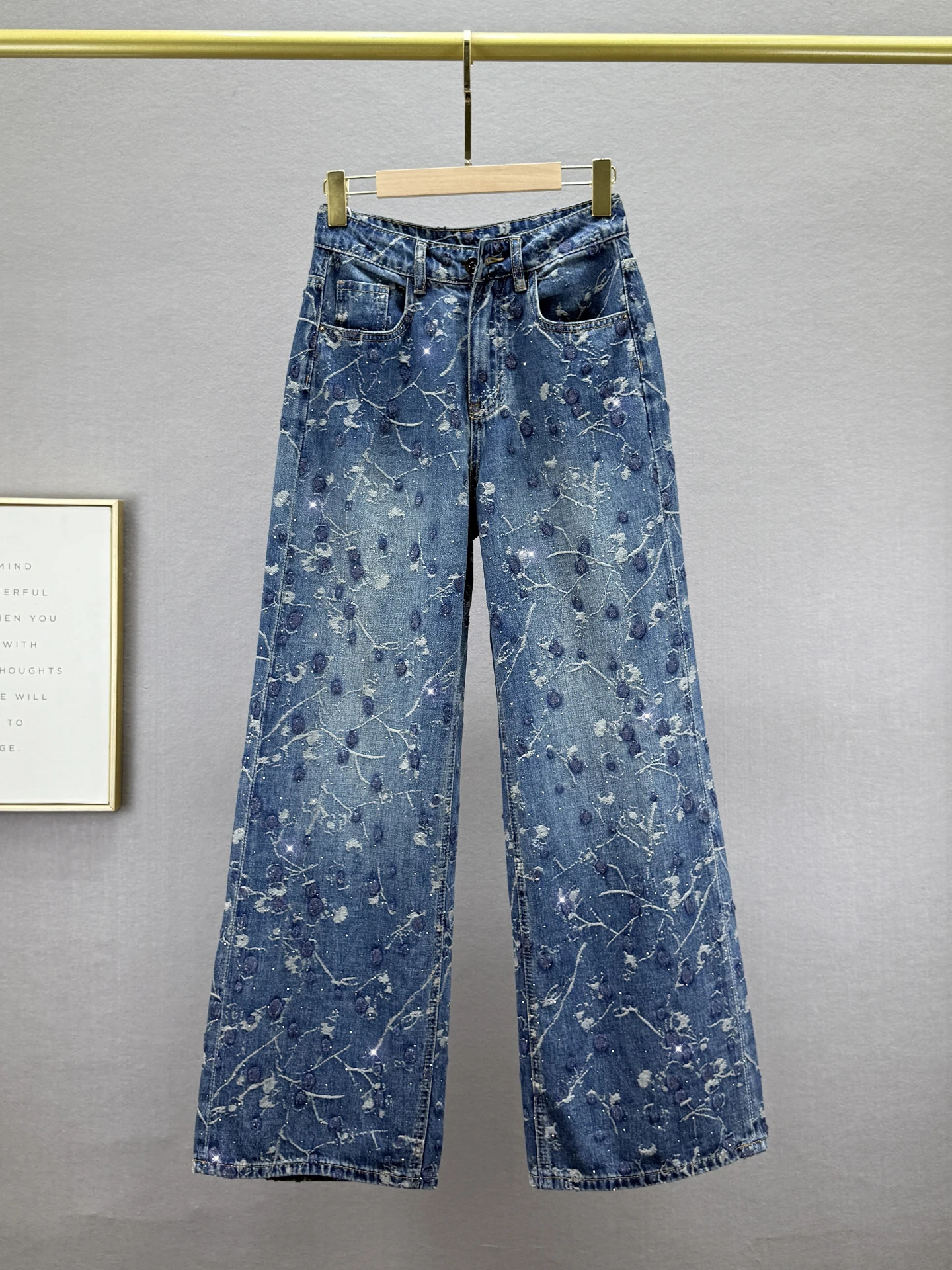 

Retro High Waist Wide Leg Denim Jeans Women's Autumn New Sle Embroidered Rhinestone Faded Long Pants Slimming Effect