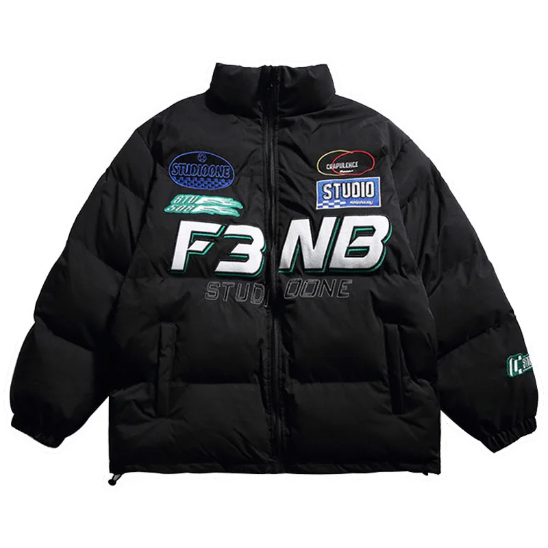 Parkas de motocicleta de Hip Hop para hombre, abrigo grueso y cálido con bordado de letras, chaqueta acolchada Harajuku con cuello alto, abrigo de